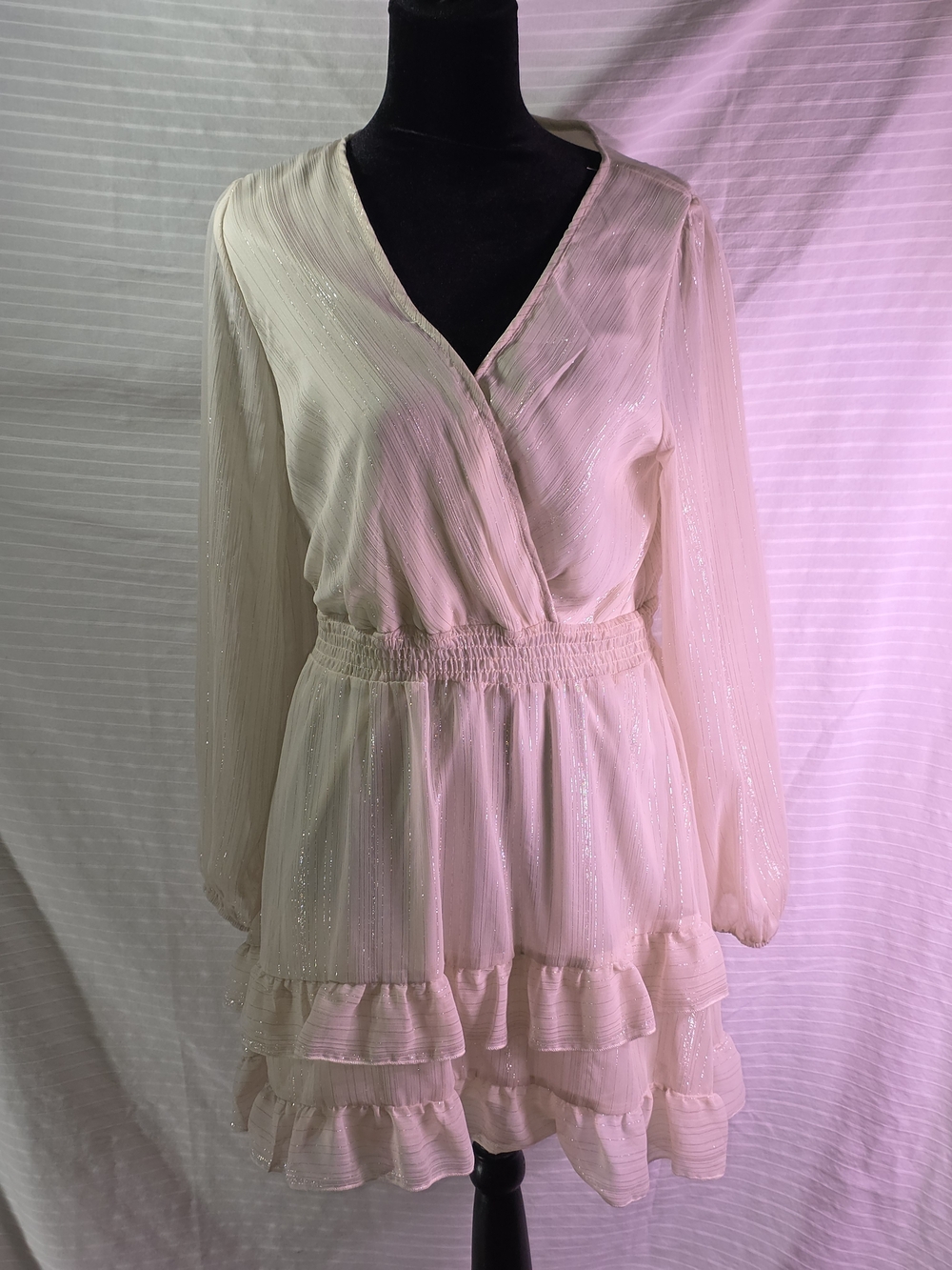 Altar'd State Cream Shimmer Ruffle Mini Dress MED
